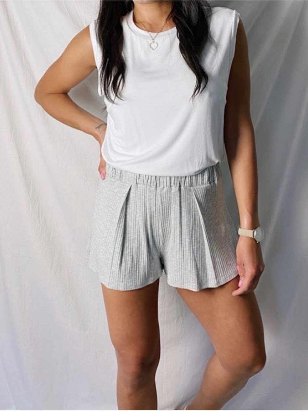 Light Gray Pinstripe Pleated Women’s Shorts